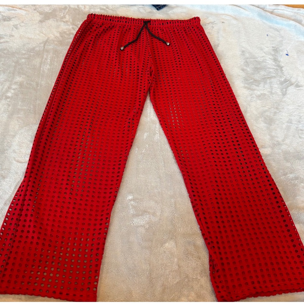 Woxuan Red Mesh Wide Leg Pants Festival Beach Cover Up Drawstring Trousers Large